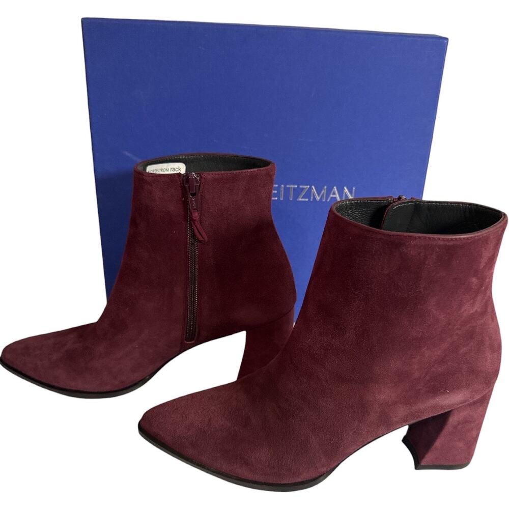 Stuart Weitzman Trendy Booties 7 Bordeaux Suede Pointed Toe Block Heel NWT - Picture 3 of 7
